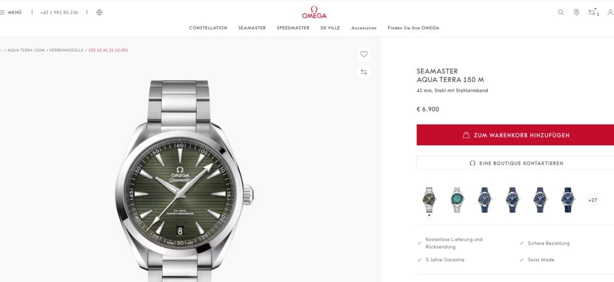 Omega * SEAMASTER AQUA TERRA 150M CO-AXIAL MASTER CHRONOMETER 41 MM 220.10.41.21.10.001 С ТЕМНО-ЗЕЛЕНЫМ ЦИФЕРБЛАТОМ НА БРАСЛЕТЕ