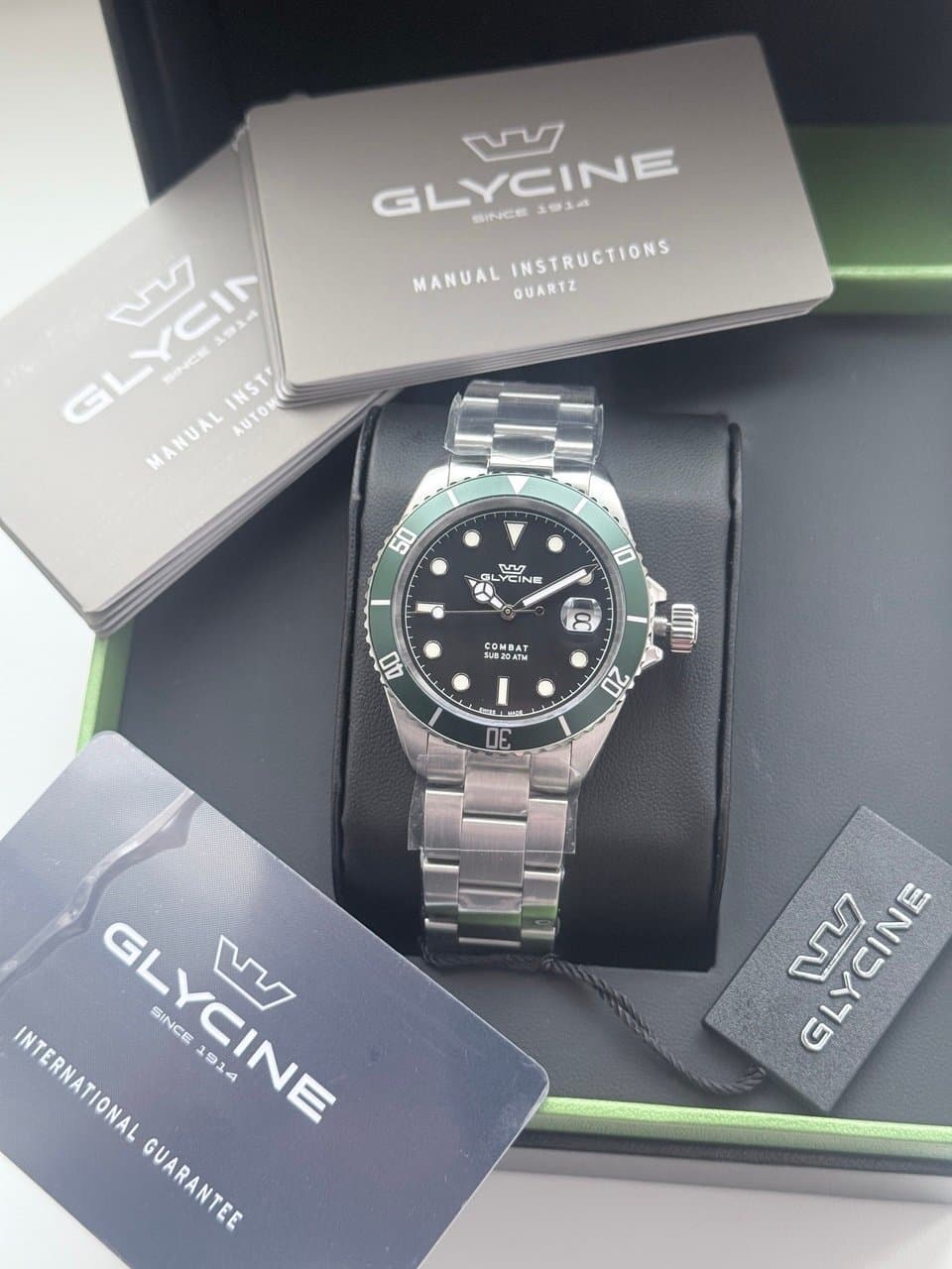 Glycine COMBAT QUARTZ GL1061 ЧЁРНЫЙ ЦИФЕРБЛАТ, ЗЕЛЁНЫЙ БЕЗЕЛЬ, САПФИР, ЦИКЛОП, ОТЛИЧНЫЙ СТАЛЬНОЙ БРАСЛЕТ! 4