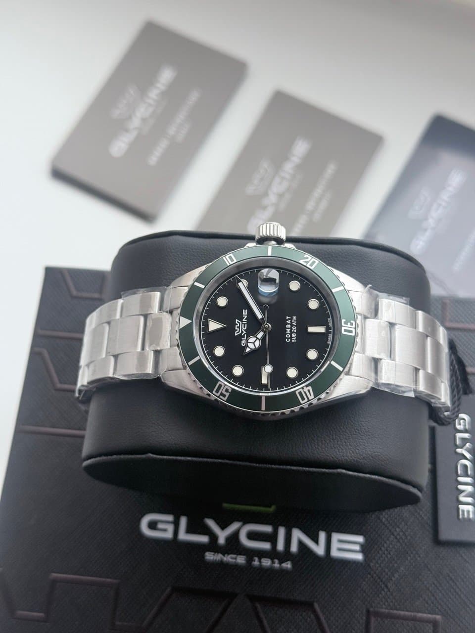 Glycine COMBAT QUARTZ GL1061 ЧЁРНЫЙ ЦИФЕРБЛАТ, ЗЕЛЁНЫЙ БЕЗЕЛЬ, САПФИР, ЦИКЛОП, ОТЛИЧНЫЙ СТАЛЬНОЙ БРАСЛЕТ! 5