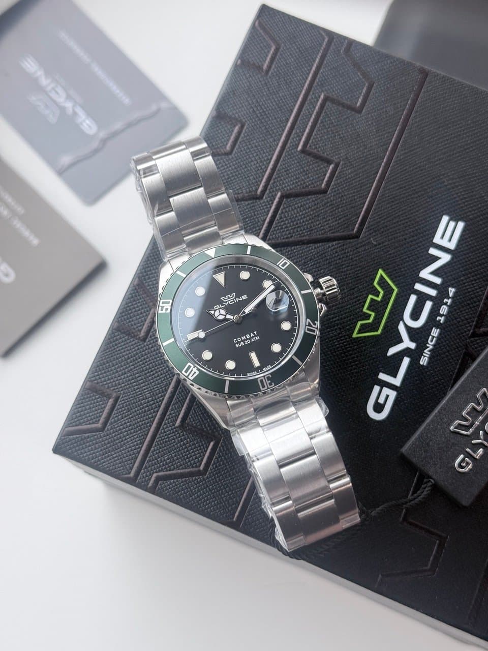 Glycine COMBAT QUARTZ GL1061 ЧЁРНЫЙ ЦИФЕРБЛАТ, ЗЕЛЁНЫЙ БЕЗЕЛЬ, САПФИР, ЦИКЛОП, ОТЛИЧНЫЙ СТАЛЬНОЙ БРАСЛЕТ! 10