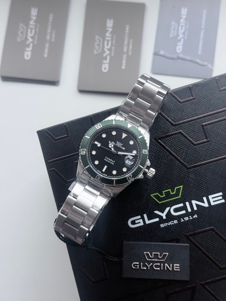Glycine COMBAT QUARTZ GL1061 ЧЁРНЫЙ ЦИФЕРБЛАТ, ЗЕЛЁНЫЙ БЕЗЕЛЬ, САПФИР, ЦИКЛОП, ОТЛИЧНЫЙ СТАЛЬНОЙ БРАСЛЕТ! 9
